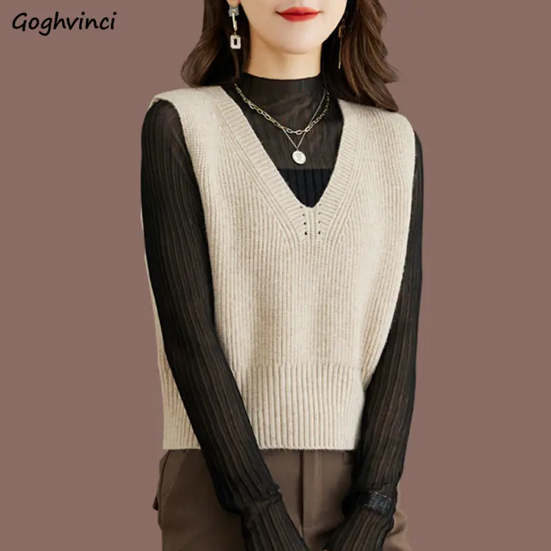 

Crop Winter Sweater Vests Women Cozy Office Lady Ulzzang Literary V-neck Temperament Gentle Knitted Design Loose New Arrival Ins