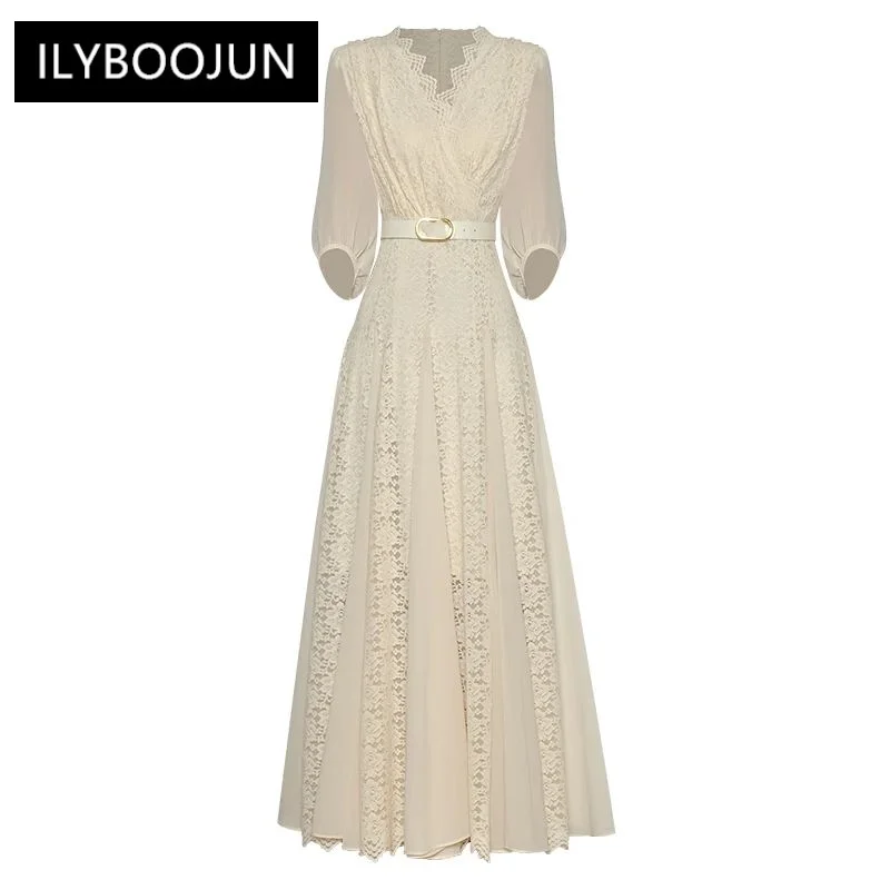 

Summer Lace Dress V-Neck Lantern Sleeve Belt Patchwork Party Long Dresses For Women 2023 Runway Luxury Brand High Quality