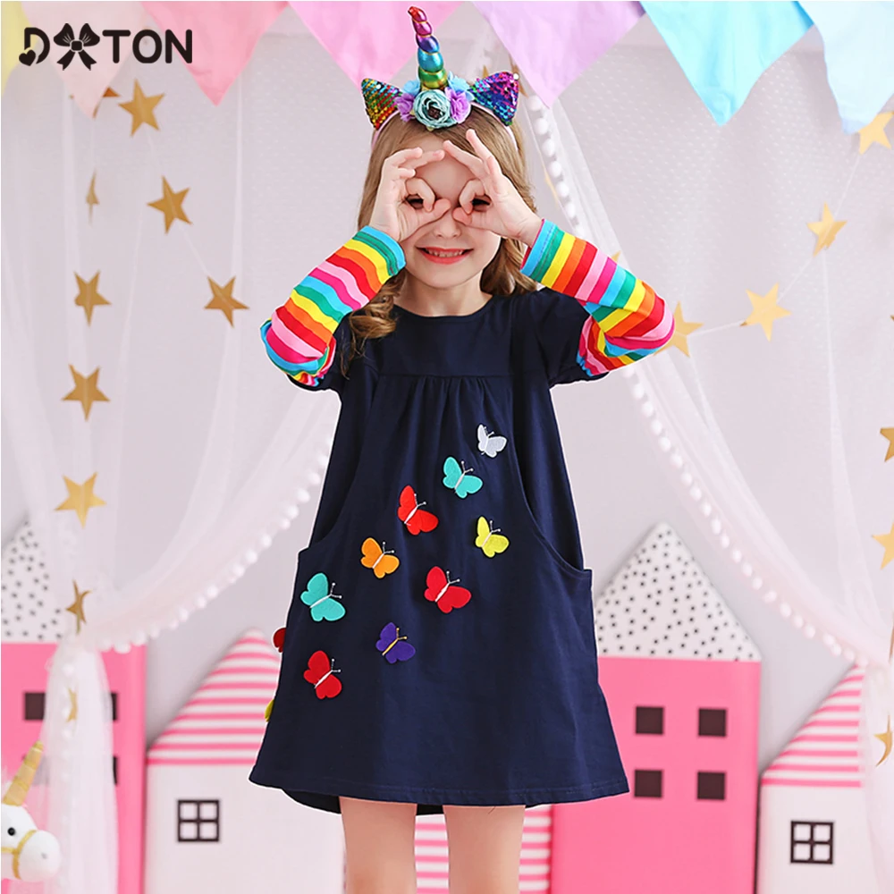 DXTON Birthday Girls Dresses Long Sleeve Baby Girls Winter Dresses Kids Cotton Clothing Casual for 2-8 Years Children