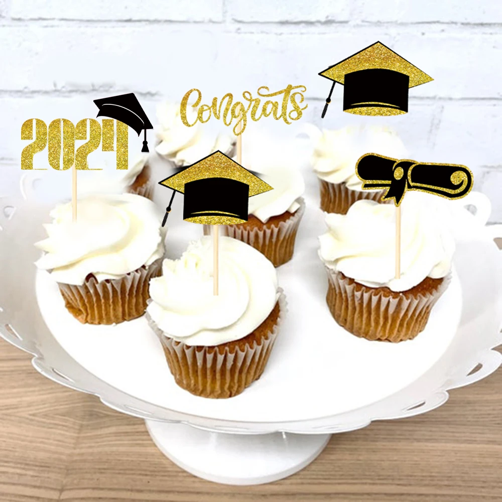 

12pc 2024 Graduation Paper cake Toppers Bachelor Cap Congrasts Grad Cake Picks Congratulation Class of 2024 Graduate Party decor