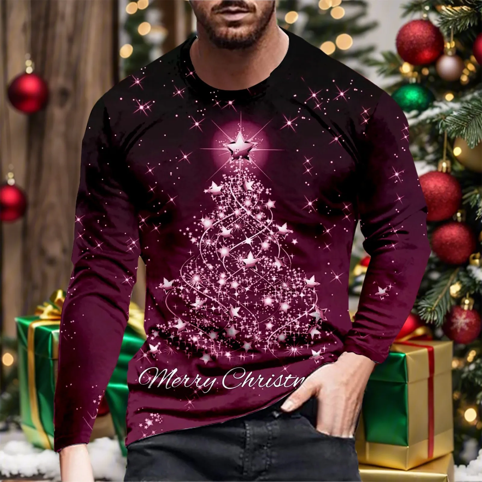 

Mens Christmas Tree Print T Shirt Long Sleeve Round Neck Oversized Pollover Spring Autumn Fashion Xmas Chic Casual Undershirts