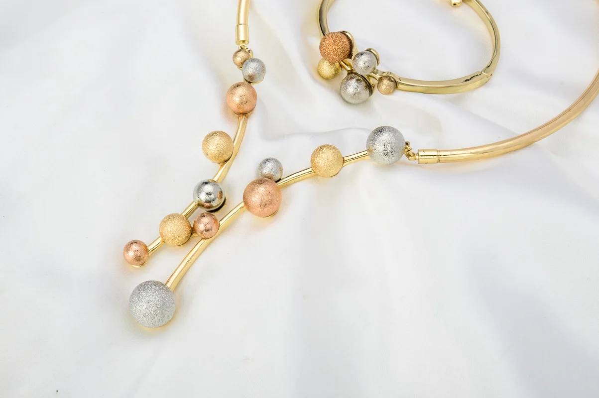 Sunny Jewelry Costume Set Lucky Ball Three Tone Earrings Necklace Bracelet Ring For Women Bridal Wedding Anniversary Gift Party