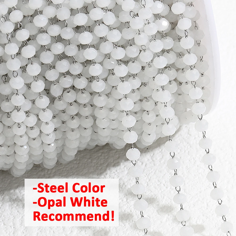 1-Meter Crystal Stone Stainless Steel Beaded Chain for Jewelry Making - Black, White, & Silver