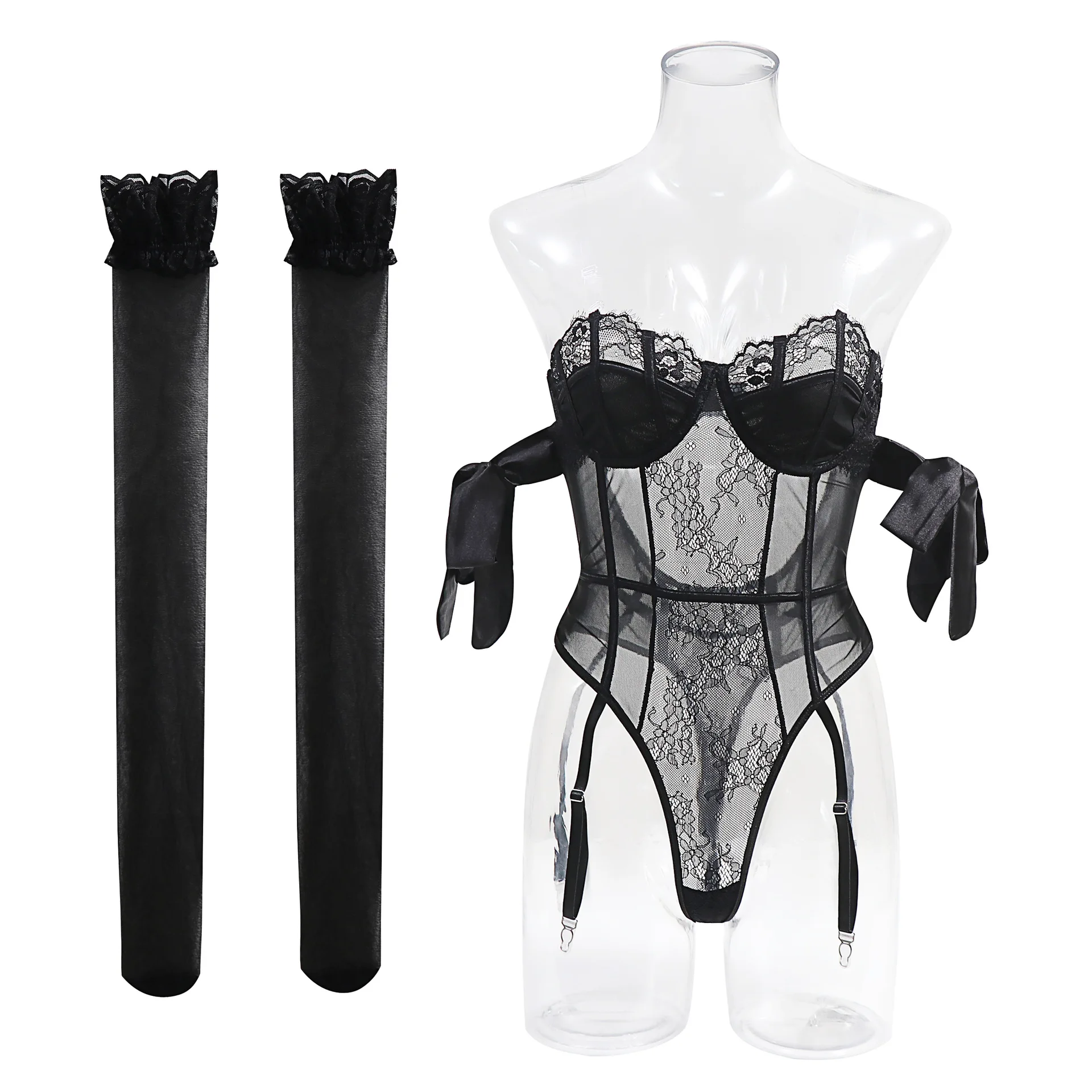 Sexy Teddy Lingerie Set Sheer Bow Tie Bodysuit with Garter Straps & Thigh High Stockings, Erotic Open Cup Babydoll for Women