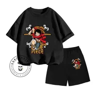 Ideal Summer Two-piece Set for Children ONE PIECE Animated Cartoon Print Design O-neck Vintage Short Sleeves and Sports Shorts 1