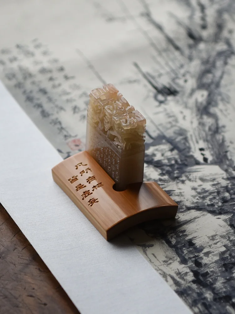 손으로 조각한 옥 대나무 인장 스탬프 차 장난감 선반 장식 중국 스타일 사무용품 자연 표면 처리