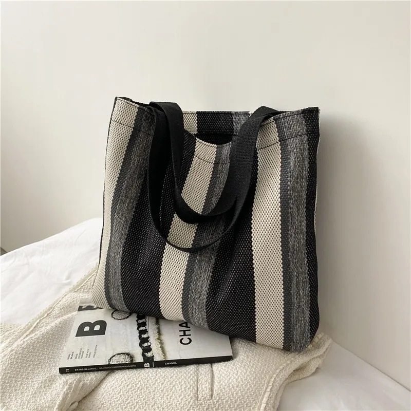 Simple Retro Handbag Small Fresh Striped Canvas Bags for Women 2022 Casual Literature and Art Large-capacity Shoulder Bag Female 