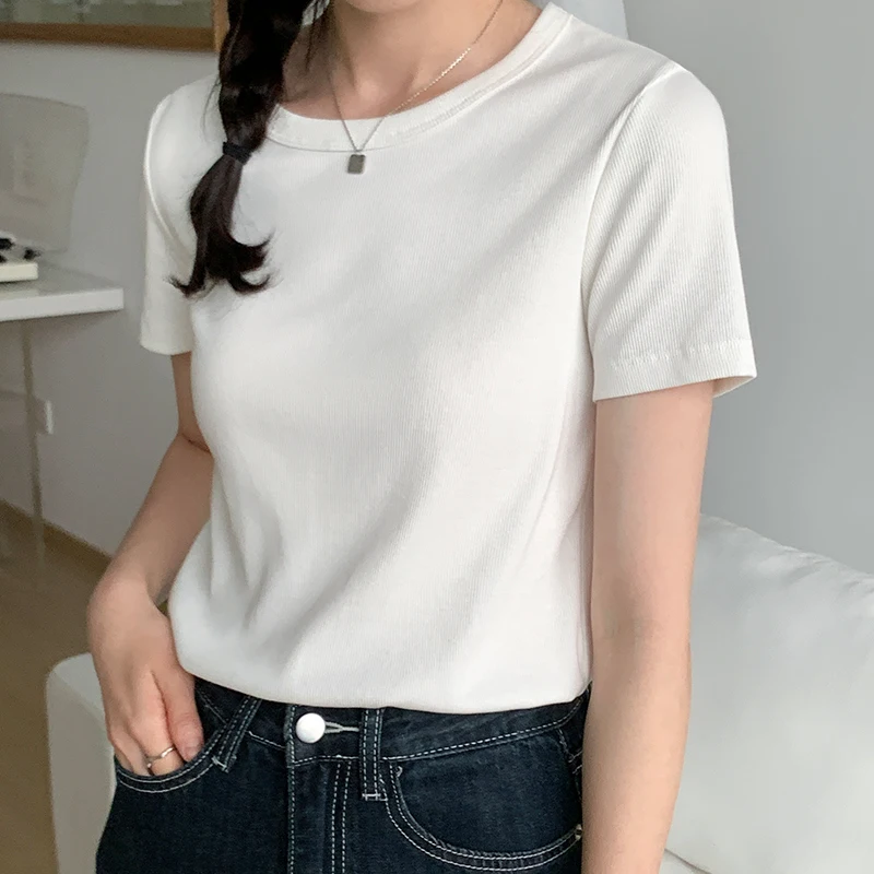 

Повседневная хлопковая Футболка с круглым вырезом и коротким рукавом, Женская однотонная Базовая летняя облегающая футболка, женские повседневные универсальные Топы