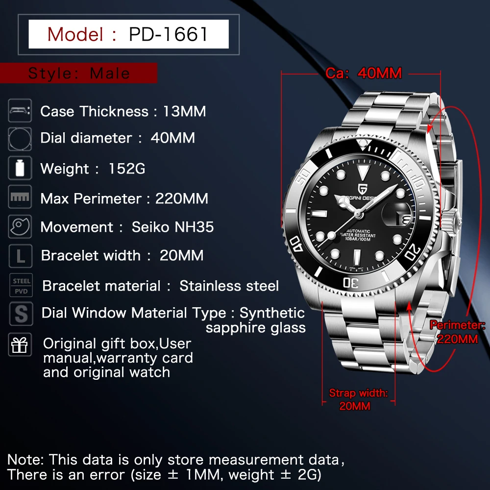 New PAGANI DESIGN Top Brand Men's Sport Mechanical Watches Stainless Steel Sapphire Automatic Clock Reloj Hombre
