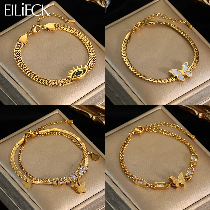 EILIECK 316L Stainless Steel Gold Color Eye Shape Butterfly Bracelet for Women New Trendy Fashion Link Chain Bangle Jewelry Gift