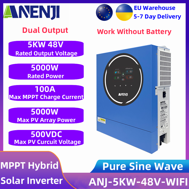  5kw Hybrid Solar Inverter 48v 220v Dual Output Off Grid Inversor Built-in 100A MPPT Solar Charge Controller With RGB Screen 
