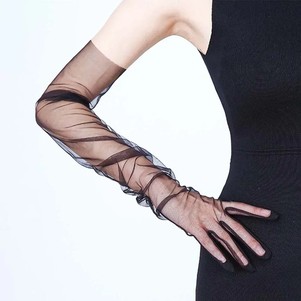 

Women Long Ultra Thin Gloves Tulle Elbow Wedding Party Bride Dress Mittens Sheer Transparent Vintage Black White Mesh Glove