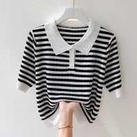 Fashion Women Short Sleeve Striped Knitted Polo Shirts Spring Summer All-match Tees Female Clothing New Pullover Bottoming Tops - Image 6