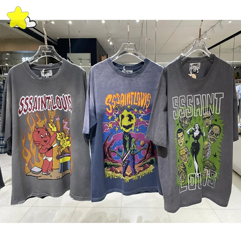 

Футболка с мультяшным принтом в виде пламени, мужская и женская винтажная черная футболка оверсайз в стиле Сент-Луис, высококачественная повседневная футболка