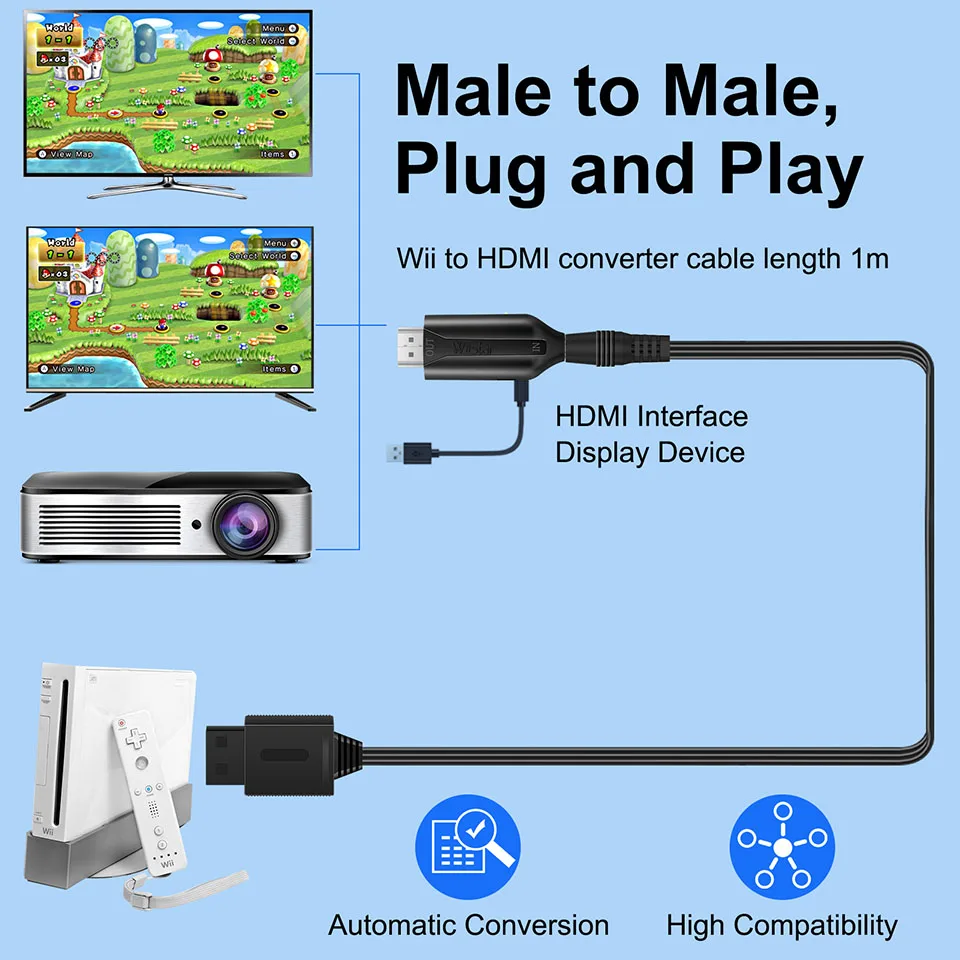 HDMI Adapter Wii to HDMI Converter Adapter Video Cable 1080P Male to Male Wii2HDMI Converter Plug and Play for Wii HDTV Display