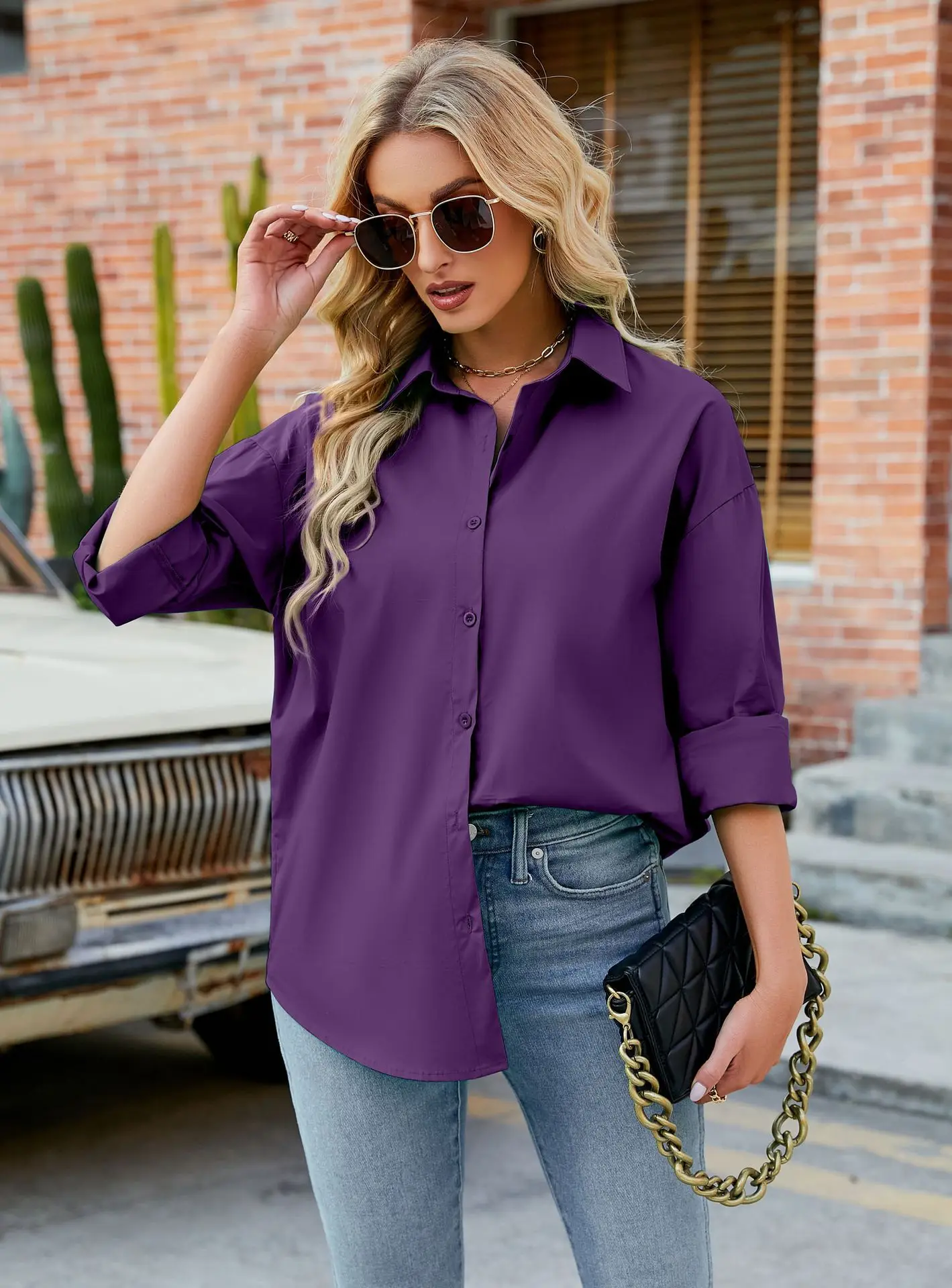Womens Clothing V-neck Solid Button Long Sleeve Casual Blouse