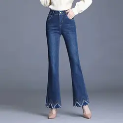 Flare Flared Women's Jeans High Waist Shot Bell Bottom Pants for Woman Trousers with Pockets Blue Embroidered Vintage Basics A Z