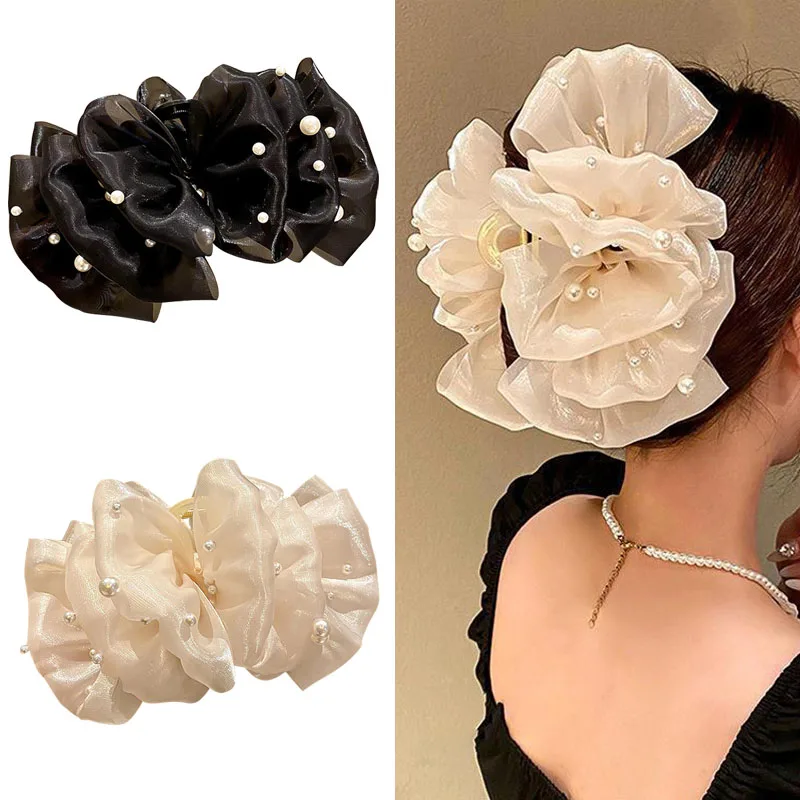 Double-sided Mesh Tulle Big Bow Pearl Hair Claw for Women Solid Color Elegant Bowknot Ponytail Hair Clip New Headdress Accessory 100 200 500 pcs cheap customized business card full color double sided printing business card 300gsm paper multiple sizes