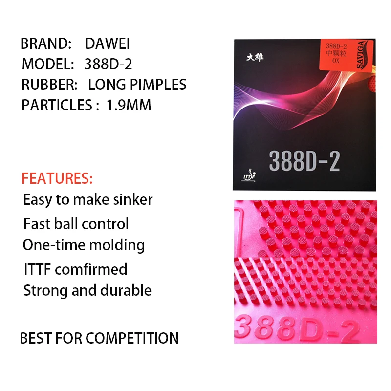 Dawei 388D-2 탁구 고무, OX, 0.5mm, 1.0mm 스폰지, 긴 여드름, 중간 그레인, 탁구 고무, ITTF 인증