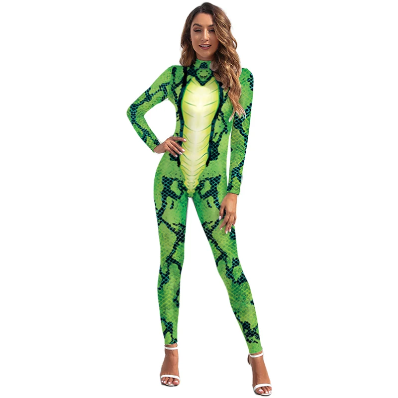 

Woman Animal Snake Cosplay Costume Halloween Carnival Catsuit Female Zentai Fitness Bodysuit 12% Spandex Jumpsuit Party Outfit