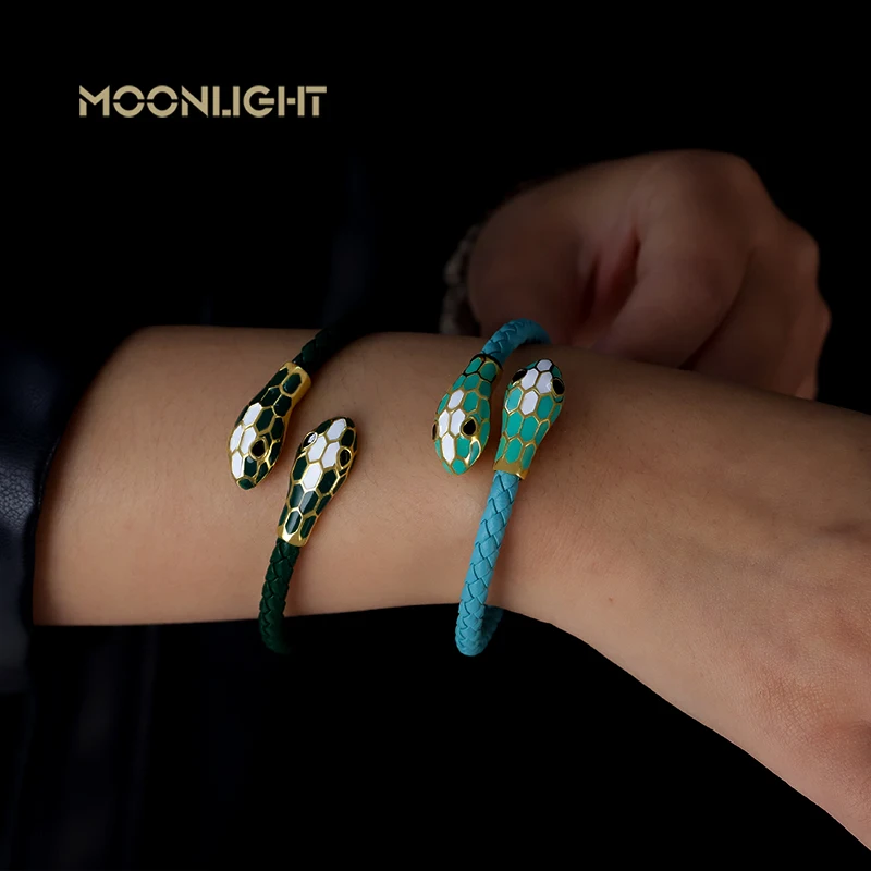 Bracelets MOONLIGHT Classic Style Double Snake Head Cuff Bangles Women Genuine Braided Leather Bracelets Female Fashion Jewelry Gifts