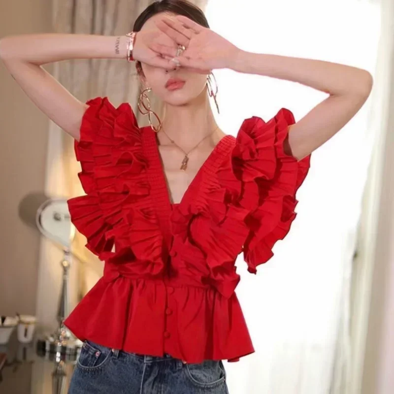 

2024 New Summer Blusas Feminina Solid Ruffles Vintage V Neck Sexy Women Blouses Korean Fashion Elegant Pleated Short Shirts