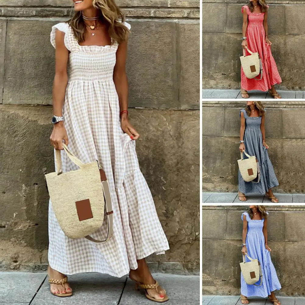 

Square Collar Women Dress Sleeveless Elastic Chest Wrap Ruffle Large Hem High Waist Women Plaid Print Sling Maxi Dress 여성용 원피스