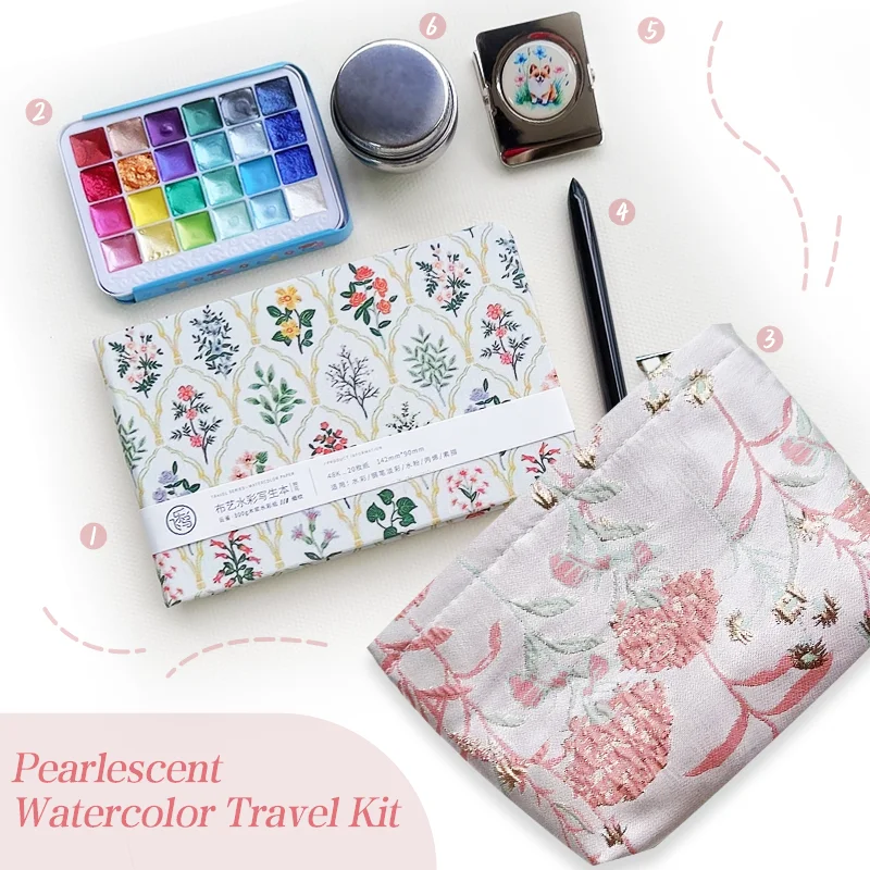 Professional Pearl Watercolor Set: 24 Metallic Colors, Travel Brush & Fine Grain Sketchbook with Embroidery Bag Art Supplies