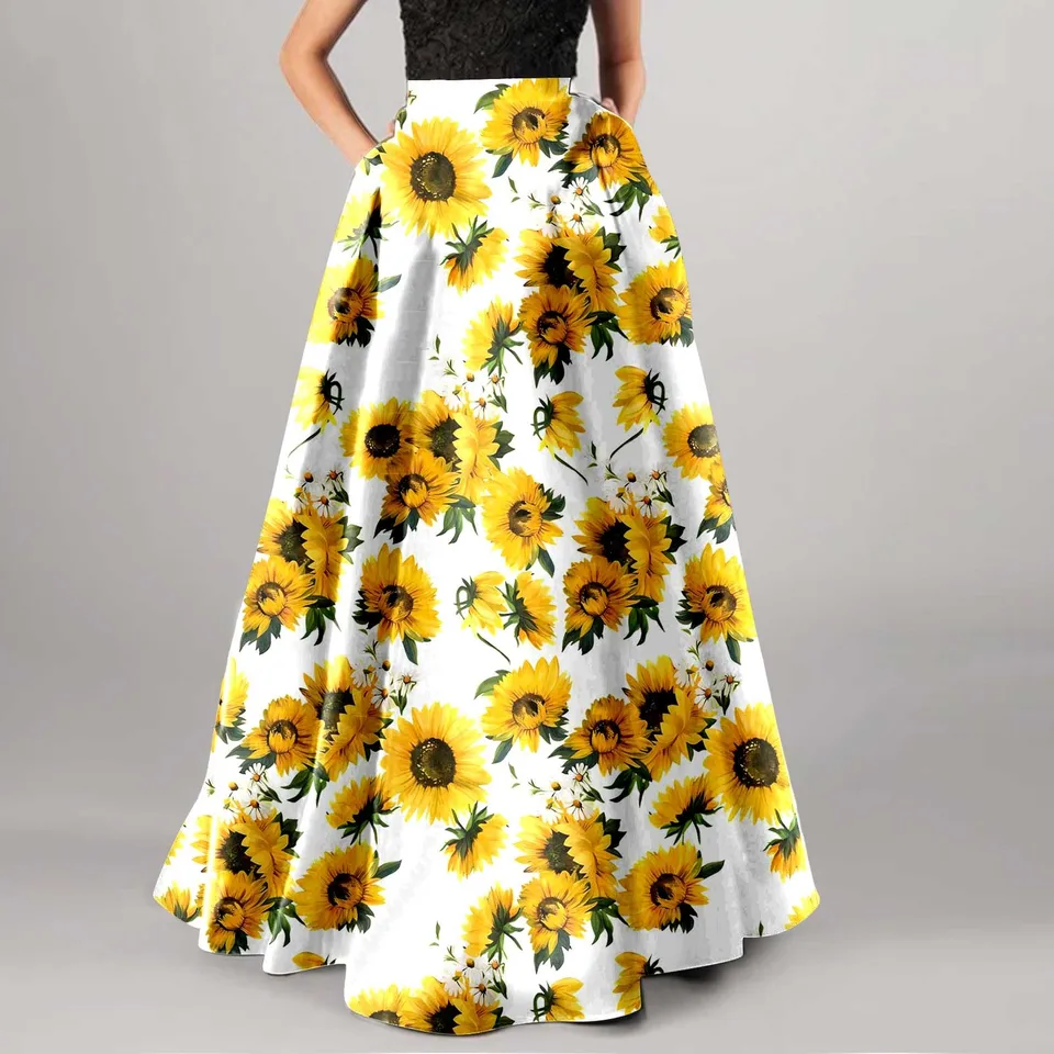 Gonne bohémien per le donne Maxi gonna da spiaggia A va alta con tasche Boho gonne con stampa floreale estate una linea gonna Flowy muslimones dentnwork  200000345