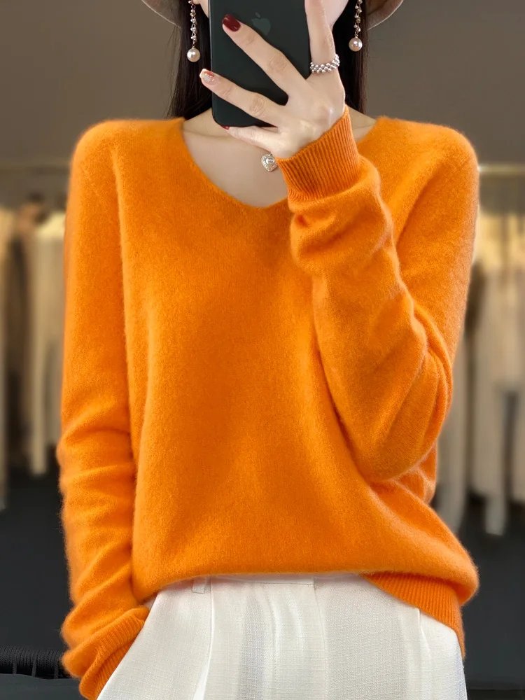 Aliselect Fashion 100% Merino Wool Women Sweater V-Neck Long Sleeve Basic Jumper Spring Autumn Winter Clothing Knitwear Tops