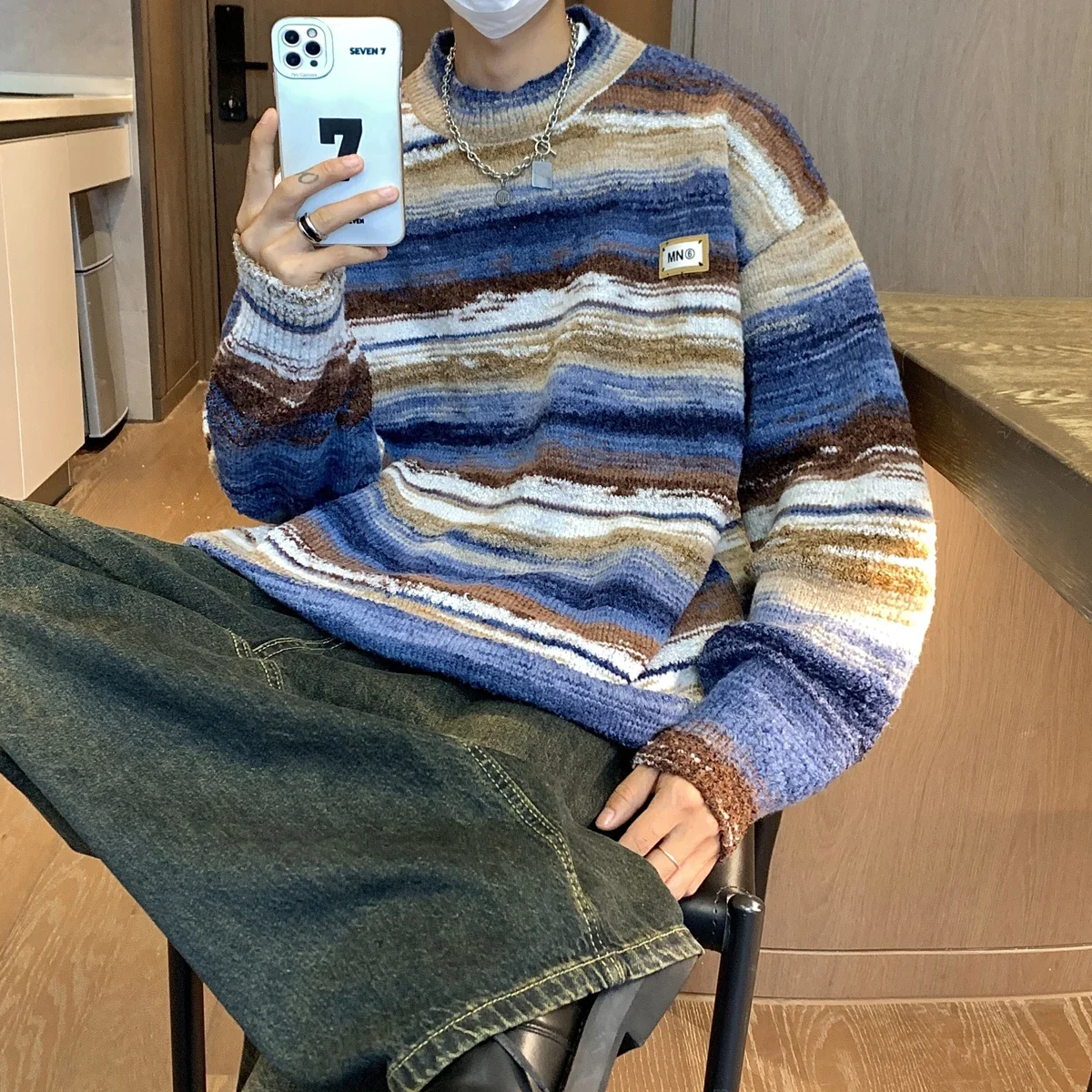 Men's Colors Striped Sweater Oversize Knitted Long Sleeve Pullovers Autumn Winter Knitwear Clothing Casaul Jumper for Man