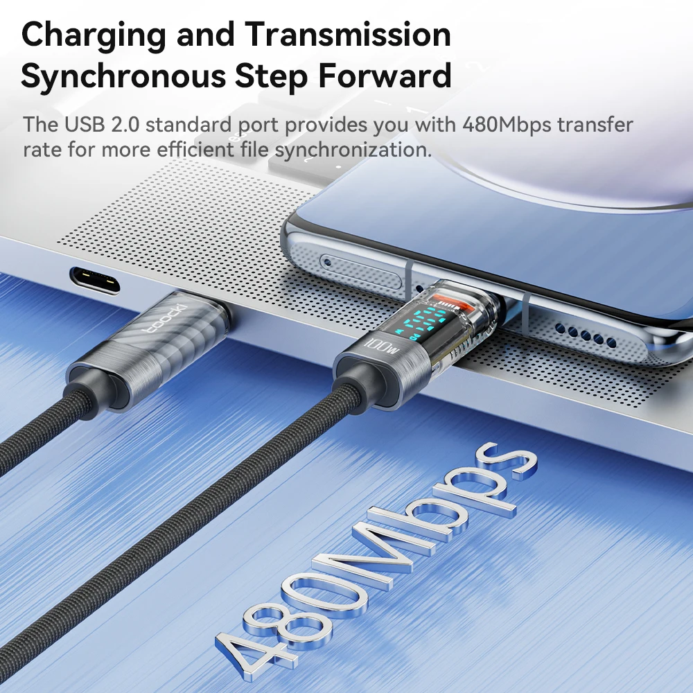 Toocki USB-C to USB-C Fast Charging Cable with Digital Display - 100W/66W