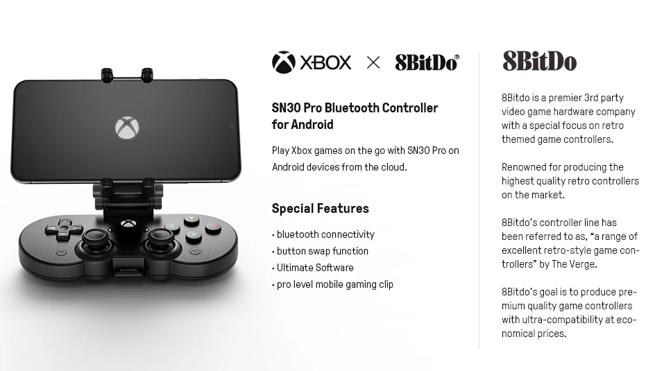 8BitDo SN30 Pro Bluetooth Game Controller Gamepad for Xbox Cloud Gaming on  Android，Mobile Phone Holder Clip for Xbox Controller