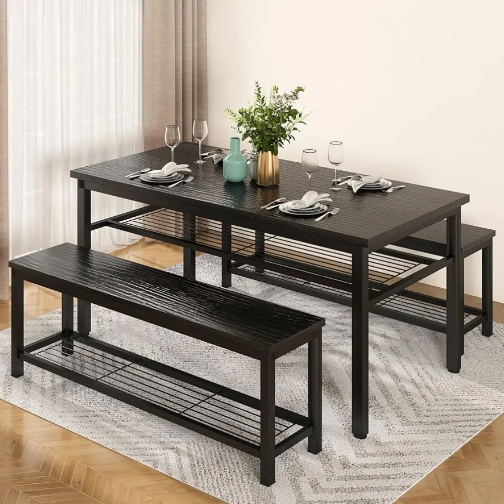 

47.2" Dining Table Set for 4,Kitchen Dinings Room Sets with 2 Benches,with Metal Frame Storage Rack for Kitchen,Restaurant,Black