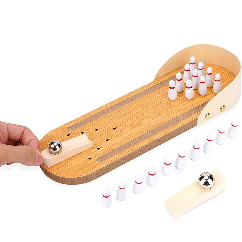 Table Top Mini Bowling Game Set Wooden Casual Mini Bowling Ball Desk Games Office Stress Relievers for Adults Child Teens