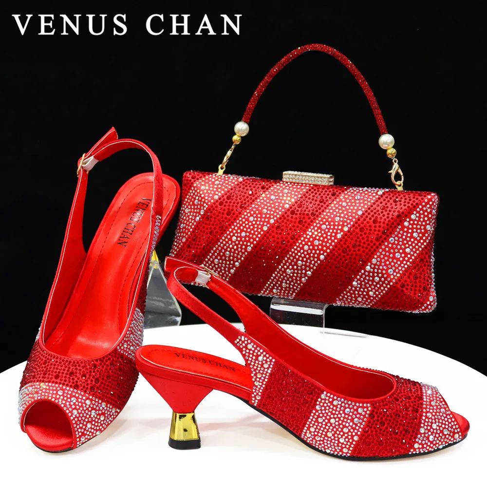 Venus Chan 2024 Red Color Elegant Women Heels Shoes and Bag Set Hollow Rhinestones High Heels Wedges Shoes Matching Bag