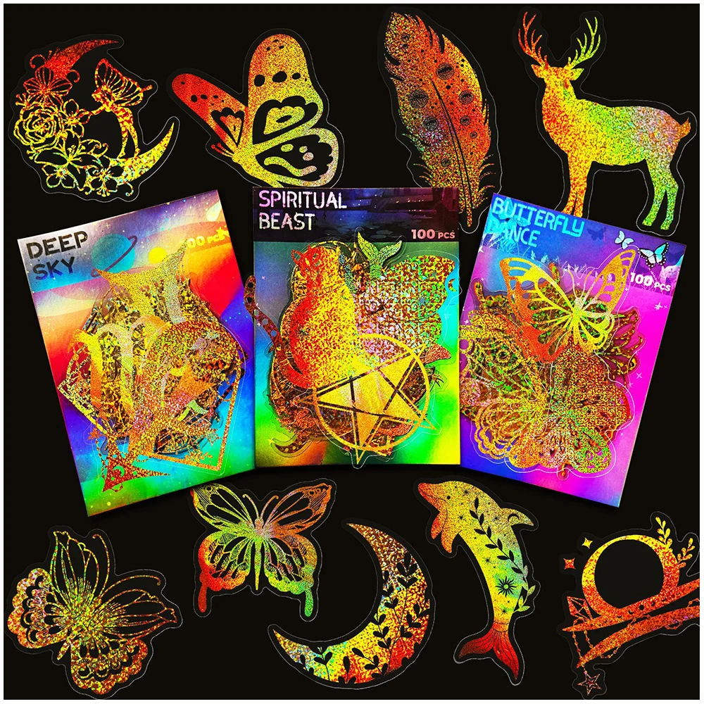 100pcs Cute Cartoon Holographic Laser Magic Aesthetic Stickers Animal Decals Laptop Notebook Phone Wall Decoration Sticker Toys