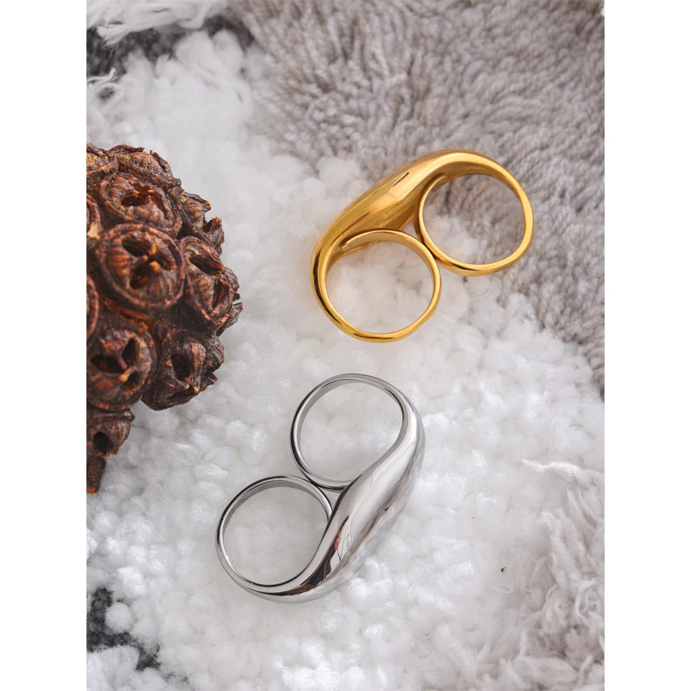 2025 Modestil YHPUP 2024 Edelstahl Doppelfinger geometrischer attraktiver rostfreier Ring, Geschenkdekoration_voghion.com