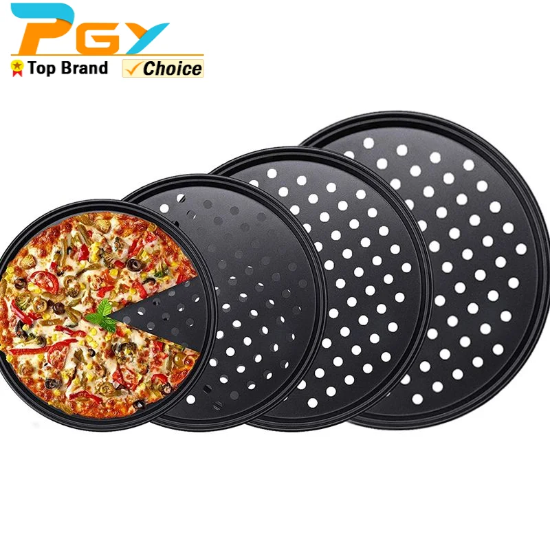 Nonstick Carbon Steel Pizza Crisper Trays Baking Pan with Holes Round Deep Dish Plate Bakewave Mould Oven Home Kitchen Tools pizza bakeware