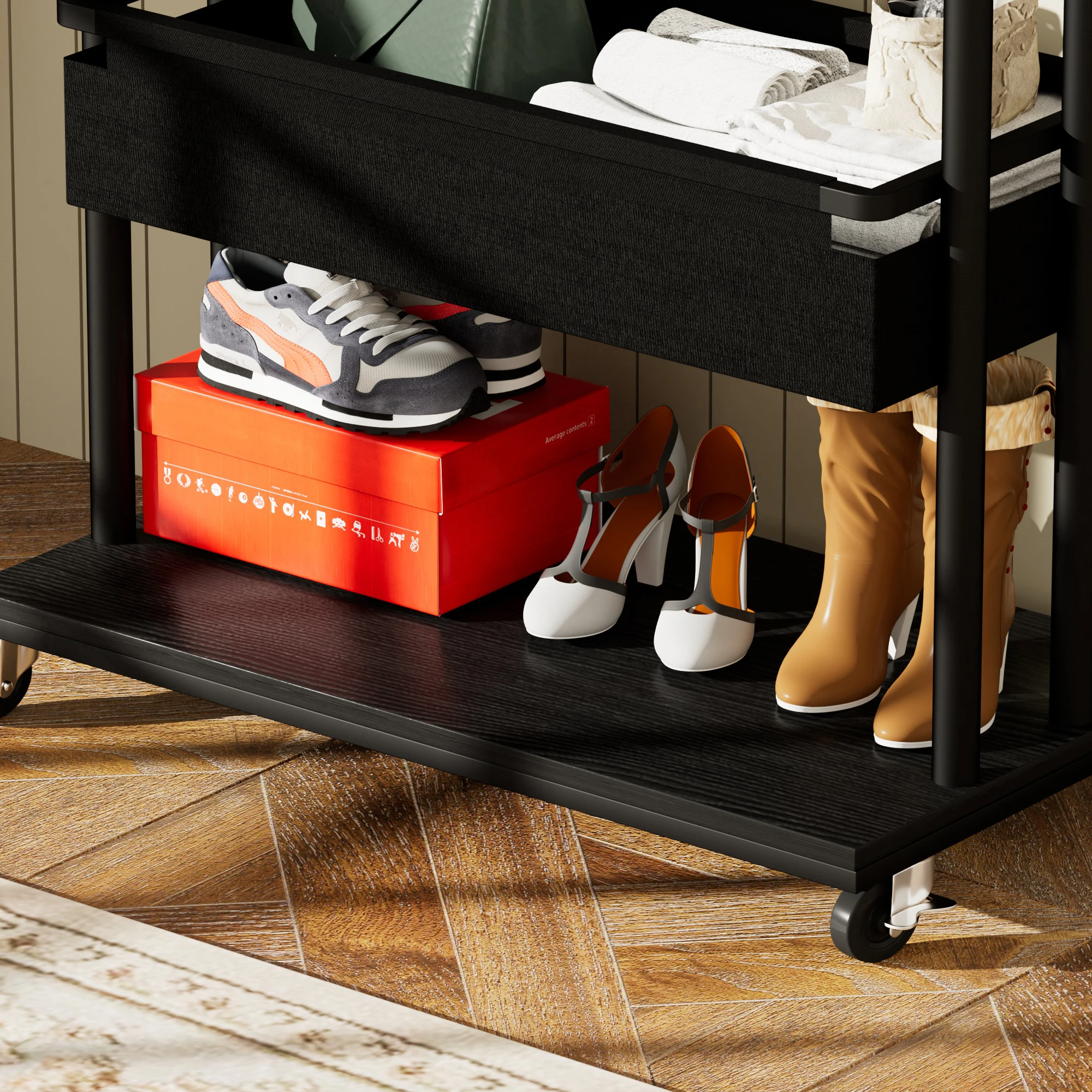 Robuster Metall-Kleiderständer mit Rollen, 3-in-1-Design mit Korb und Spiegel, Kleiderbügel, mobiler Kleiderständer mit Rollen – Detail 14