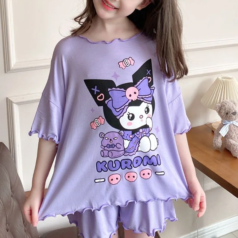 

Sanrio Ice Silk Thin Summer Pajamas New Kuromi Anime Kawaii Cinnamoroll Girly Heart Homewear Cloth Shirt Pants Pajamas Kids Gift