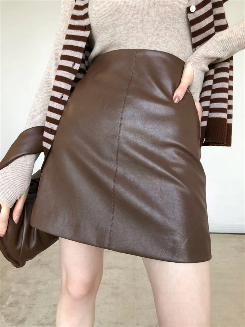 Women's Faux Leather Skirt High Waisted Black Stretchy Zipper Mini A-Line Bodycon Pencil Party Skirts Korean Fashion Streetwear