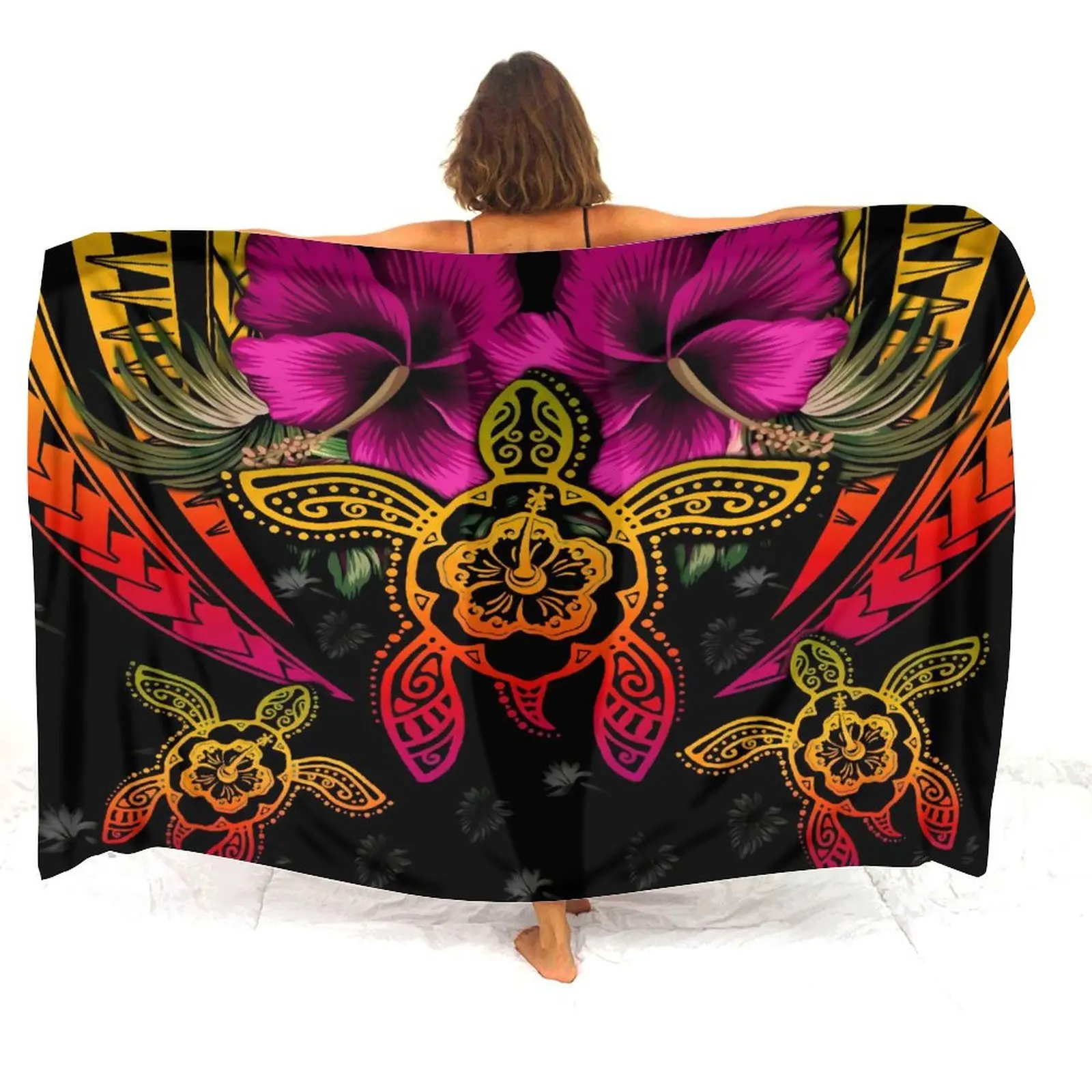 Hawaiian Turtle Custom Seaside Sarong Ladies One-Piece Coat Polynesian Sarong Beach Shawl Samoa Hibiscus Flower Elegant Sarong 1