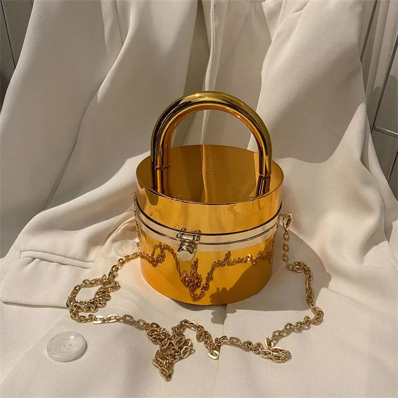 Shine Cylinder Bags for Women 2023 New Acrylic Fashion Luxury Handbag Chain Unusual Hard Party Evening Mirror Shoulder Bag Woman