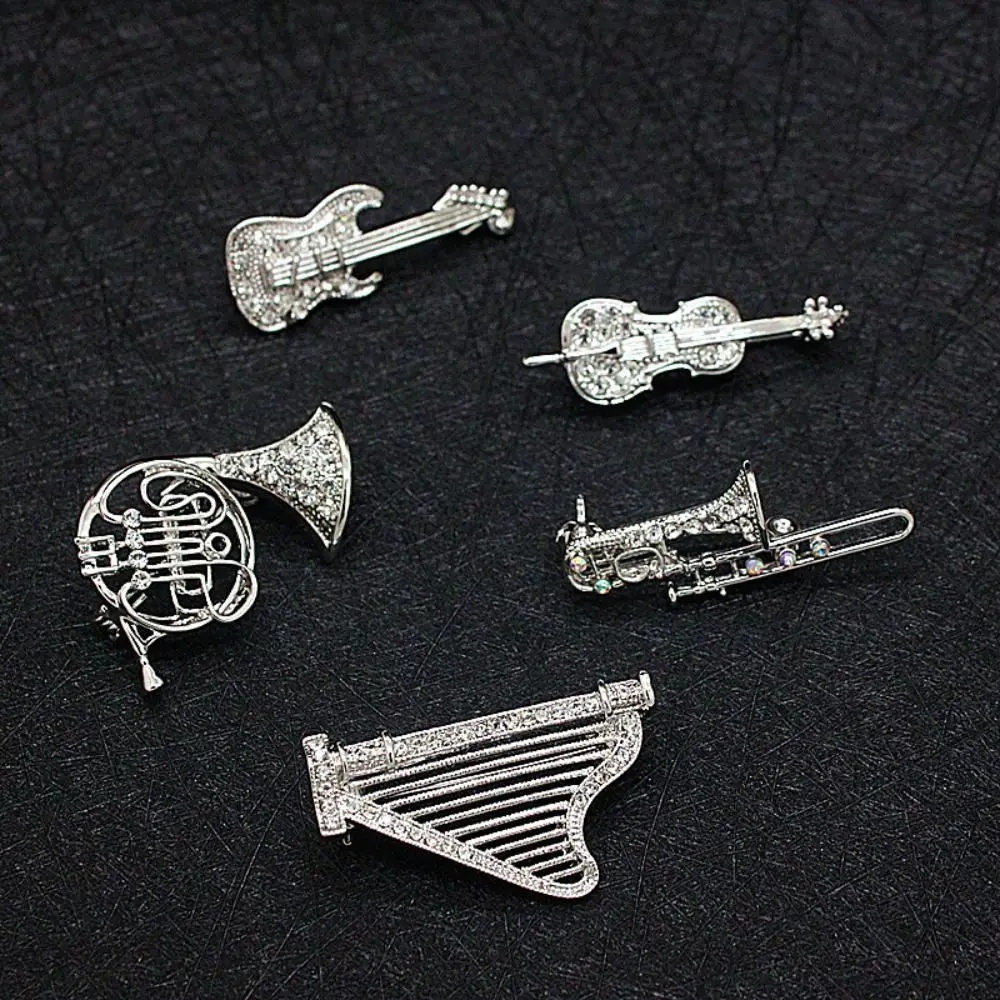 

Rhinestone Musical Instruments Brooch Pin For Women Men Sax Violin Harp Trombone Guitar Collar Pin Fashion Jewelry Gift