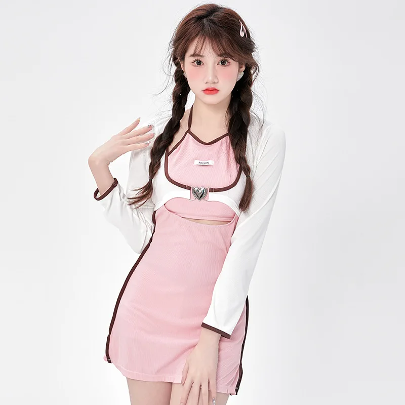 

2023 New Japanese Swimsuit Women One Pieces Swimwear Pink Long Sleeve Halter Swimming Suit for Woman Bathing Suit Monokini
