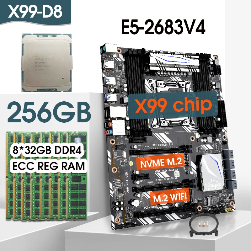 JINGSHA X99 D8 Motherboard KIT Xeon E5 2683 V4 LGA 2011 3 CPU 8pcs X