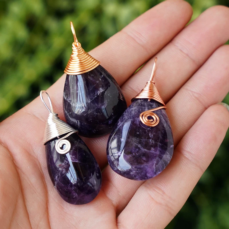 

Trendy Raw Natural Amethyst Crystal Stone Handmade Wire Wrapped Drop Shape Pendant Necklace Rose Gold Silver Plated Jewelry