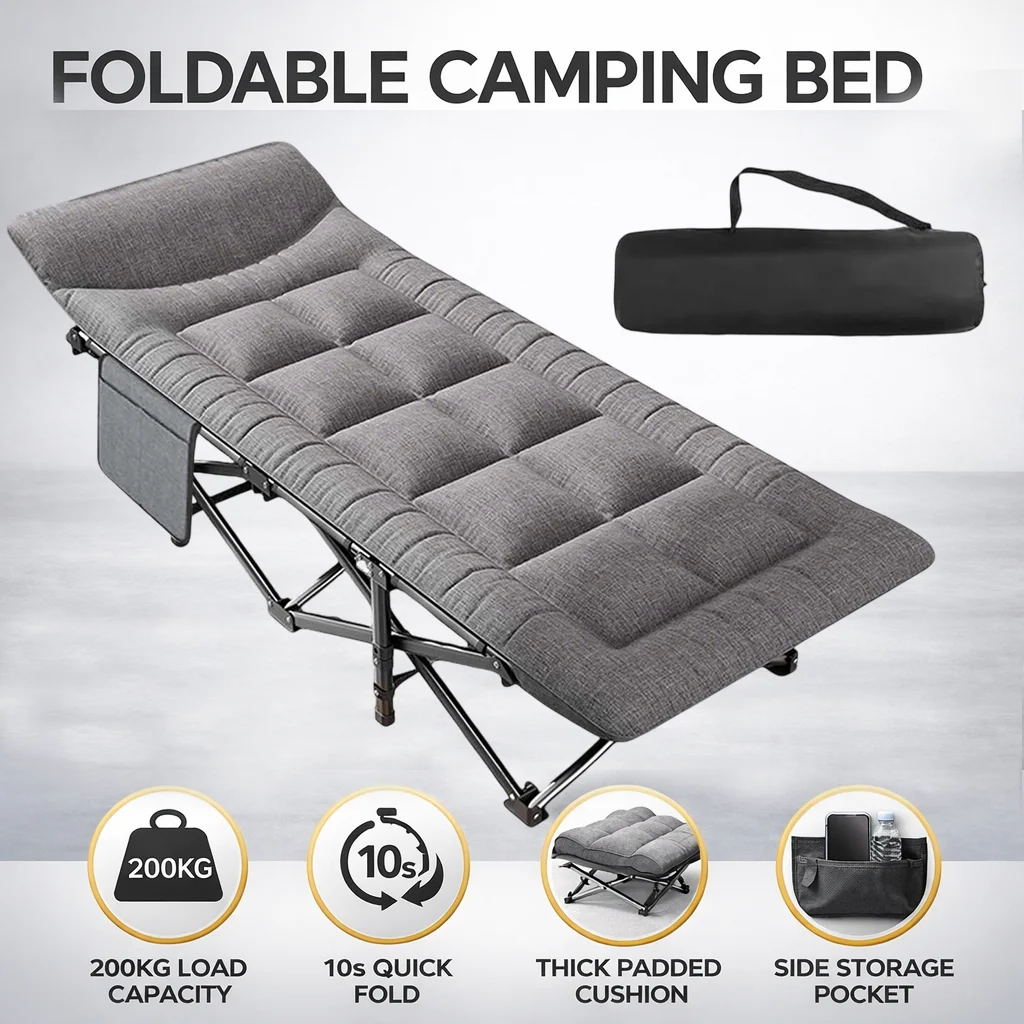 Lit de camp pliant zollor 200kg portable avec oreiller intégré pour jardin bureau et extérieur