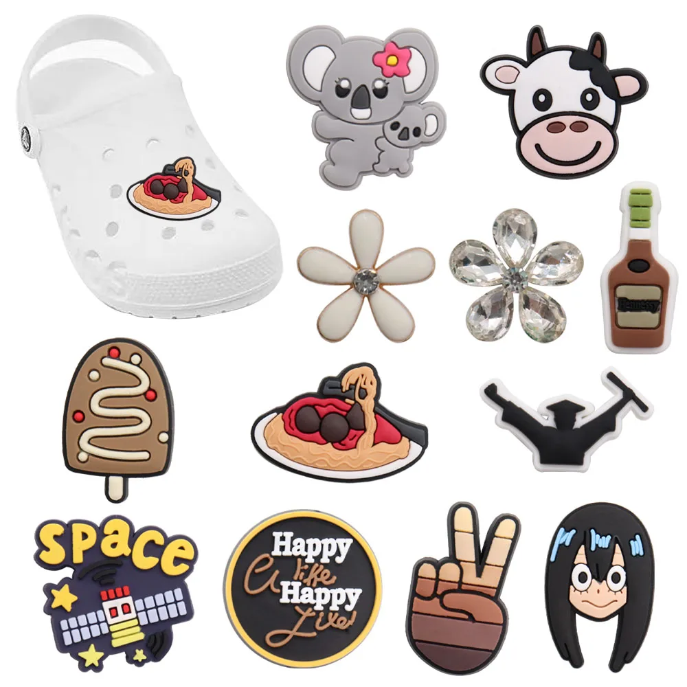 

Mix 50PCS PVC Cartoon Croc Jibz Fit Wristbands Spaghetti Hand Ice Cream Flower Wine Cow Koala Garden Shoes Button Decorations